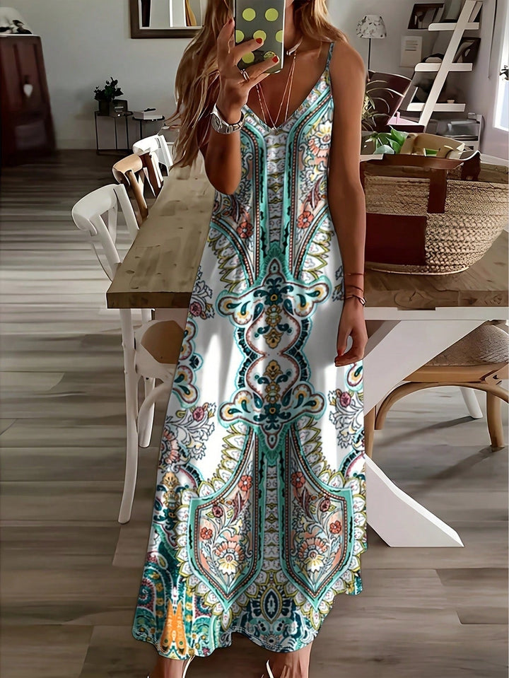 Kvinnors Boho Maxi Klänning | Paisley V-Hals