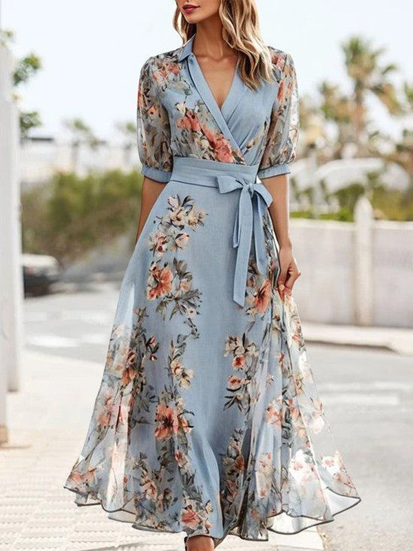 Kvinnors Midi Sommarklänning | V-ringad Blommig Wrap