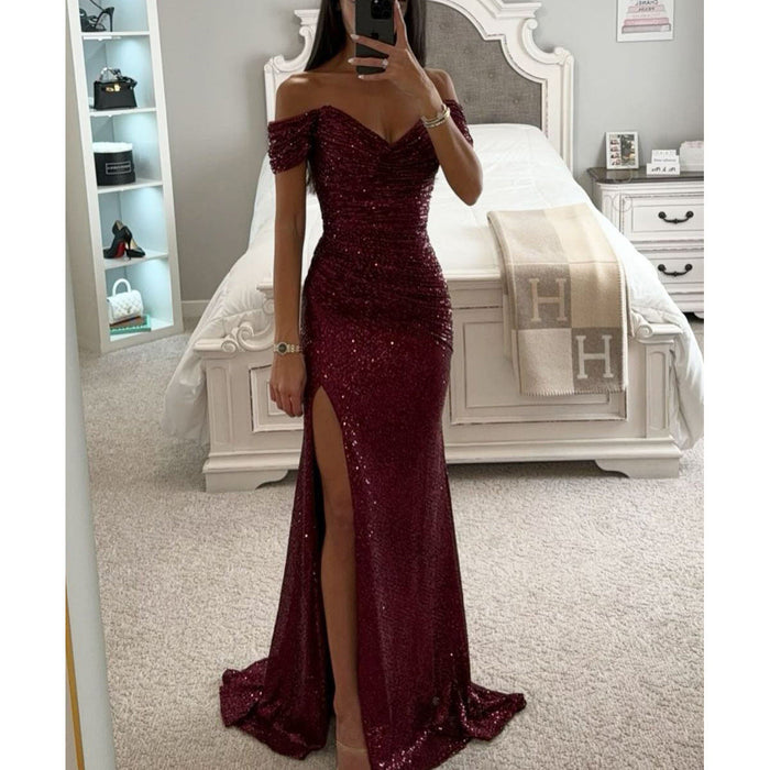 Dam Paljettklänning Off-Shoulder Figurnära Passform med Slits