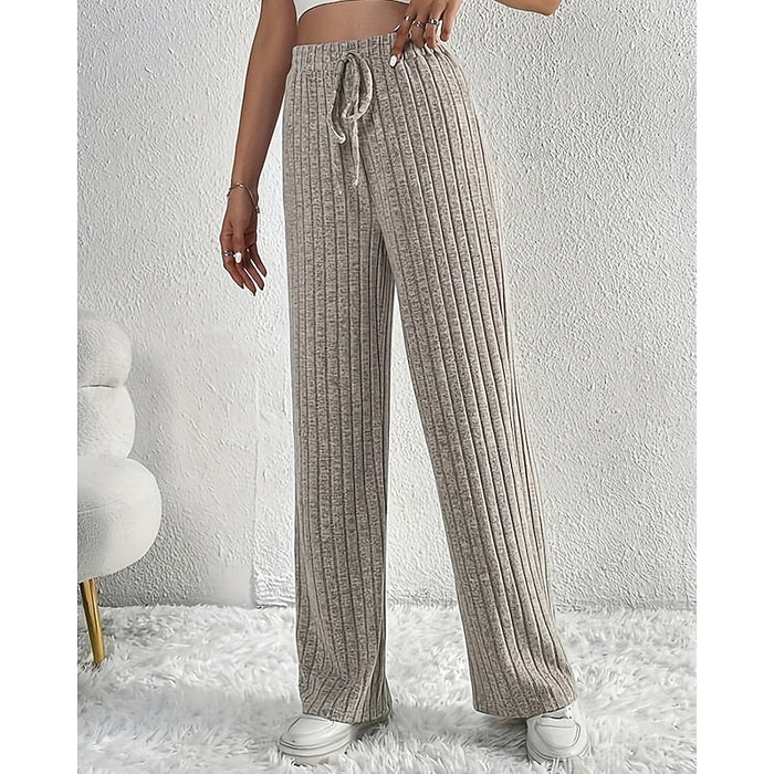 Dam Wide-Leg Byxor med Hög Midja och Ribbat Stickat Mönster